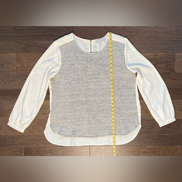 LOFT Cream/Gray Tweed Front Mixed Media Long Sleeve Back Zip Blouse Size XL - Picture 9 of 12